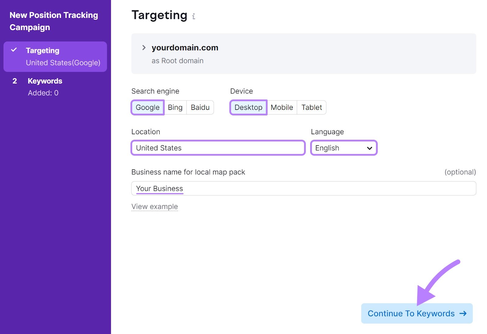 "Google" selected under search engine, "Desktop" under device, and "United States" under location in Position Tracking tool configuration settings