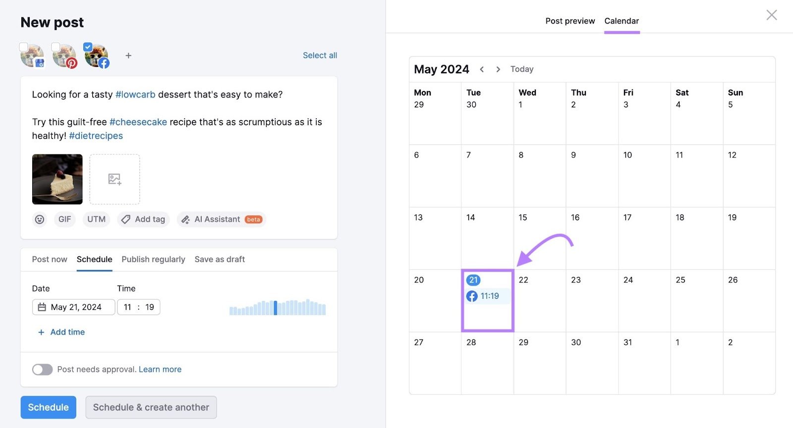 "New post" page on "Social Poster" with the "Calendar" preview tab clicked on the right-hand side.