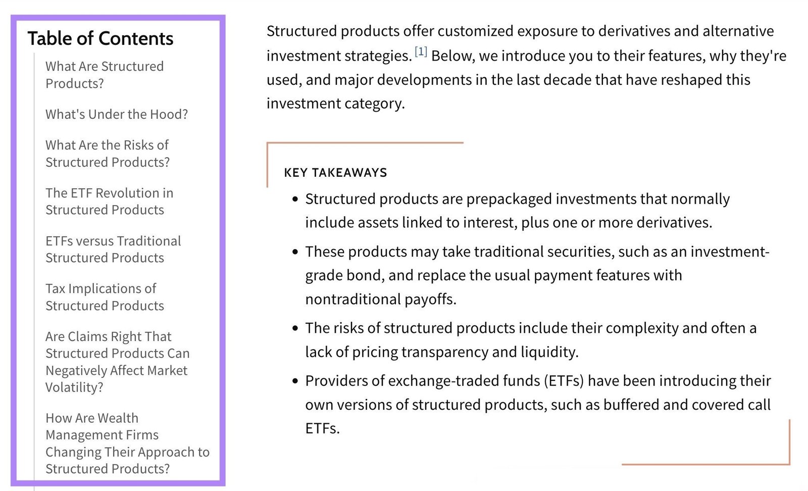 A blog post by Investopedia with the "Table of Contents" on the left highlighted.