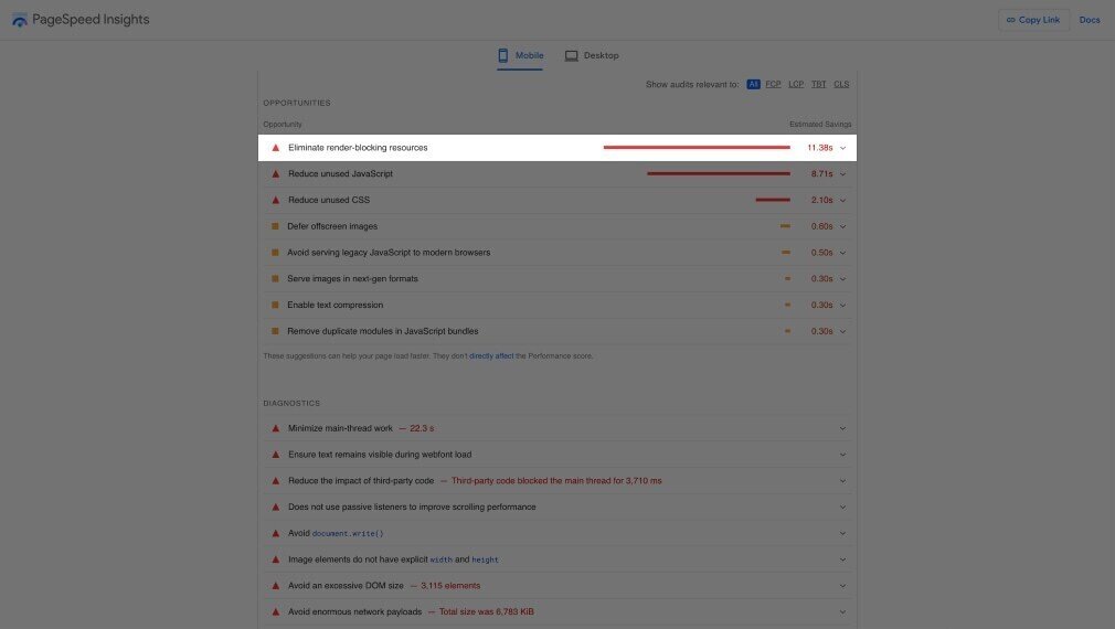 PageSpeed Insights results page