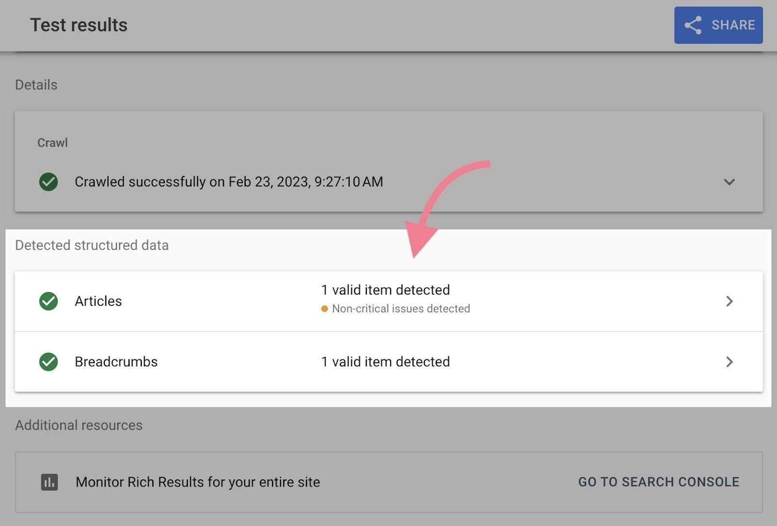 Rich Results Test showing a blog post using structured data like “Articles” and “Breadcrumbs”