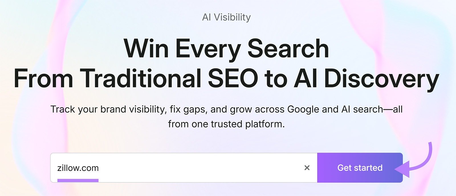 Semrush AI Visibility search field with zillow.com entered and an arrow pointing to Get started