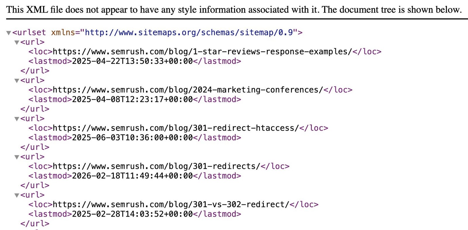 XML sitemap showing multiple Semrush blog URLs along with their last modified dates.