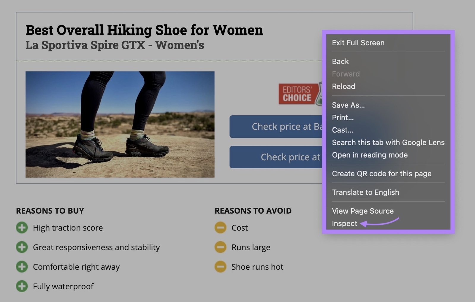 A webpage on Google Chrome right-clicked and "Inspect" selected from the list.