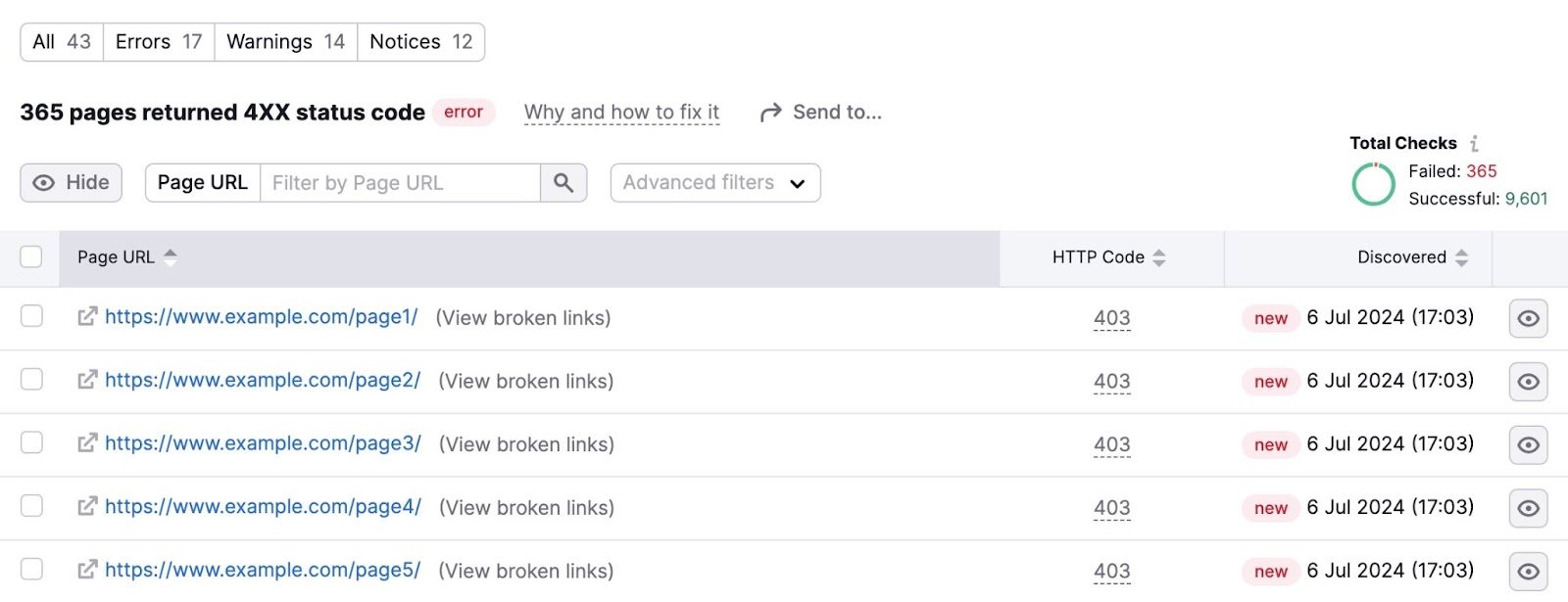 a list of page URLs that have returned 4XX status codes plus the date they were discovered on Site Audit Issues