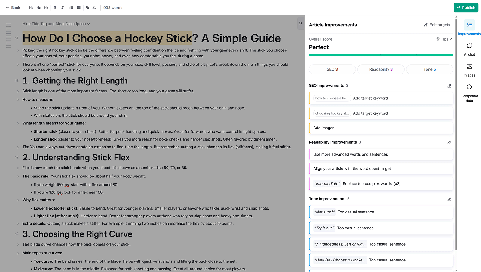 Content optimization tool showing article improvements with SEO, readability, and tone tips.