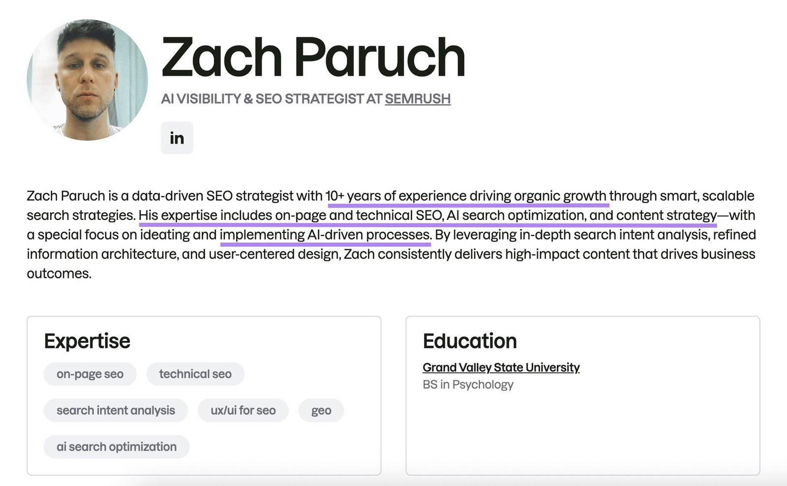 An author bio on Semrush highlighting the writer's body of work and expertise.