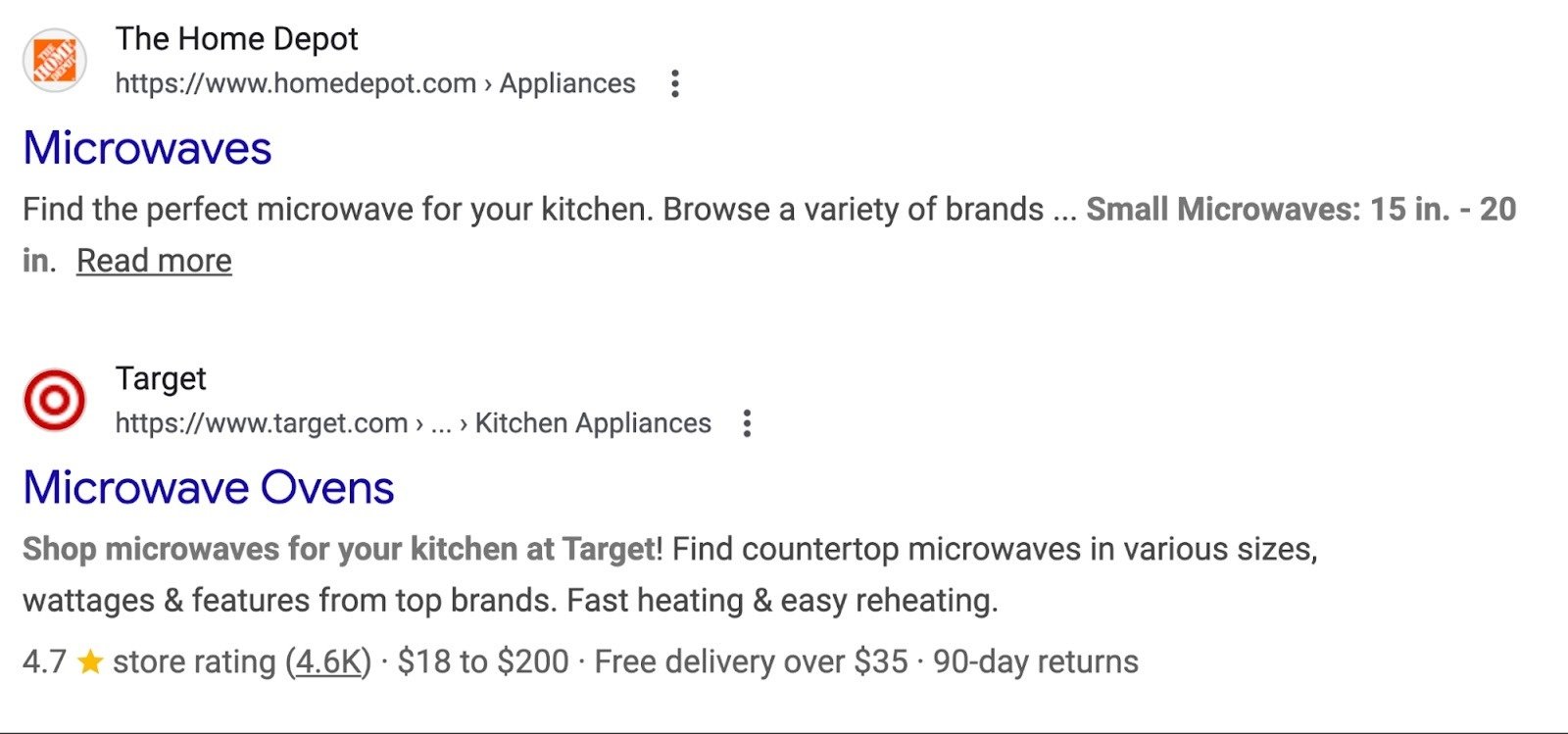 Google SERP for the term “small microwave under $200” showing a simple blue link result and a rich result with a rating, price, and delivery options.