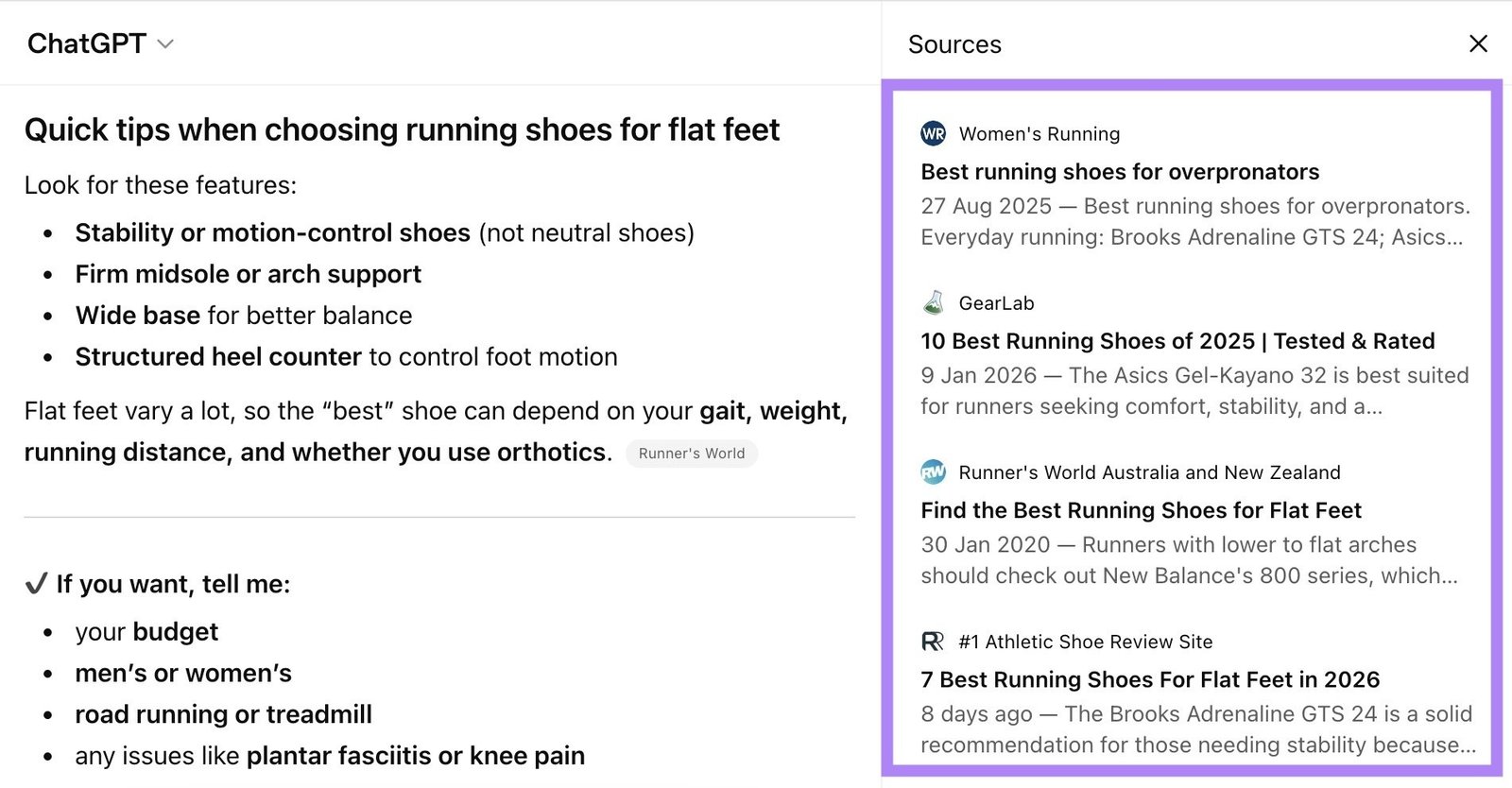 Multiple blog posts cited as sources on ChatGPT for a prompt looking for the best running shoes for flat feet.