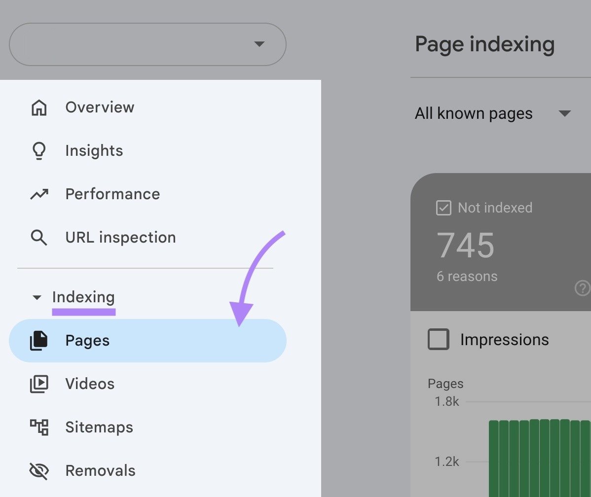 The left-menu on GSC with "Pages" selected from the "Indexing" drop-down.