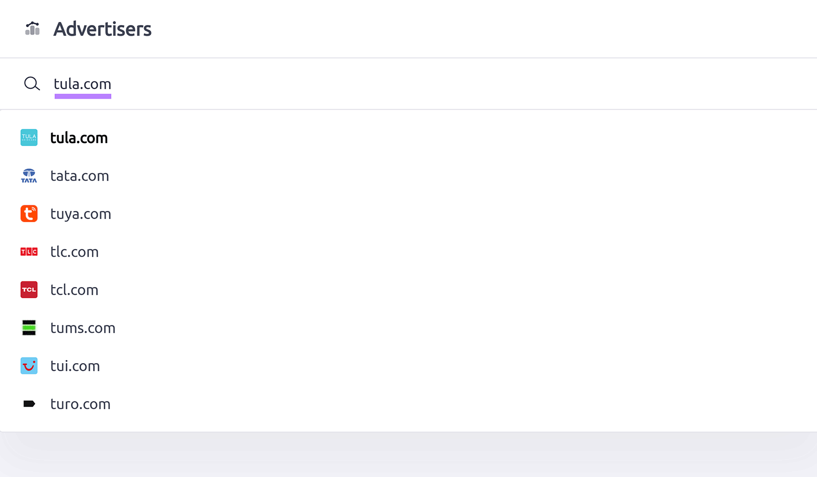 Advertisers search screen showing tula.com and similar domain suggestions