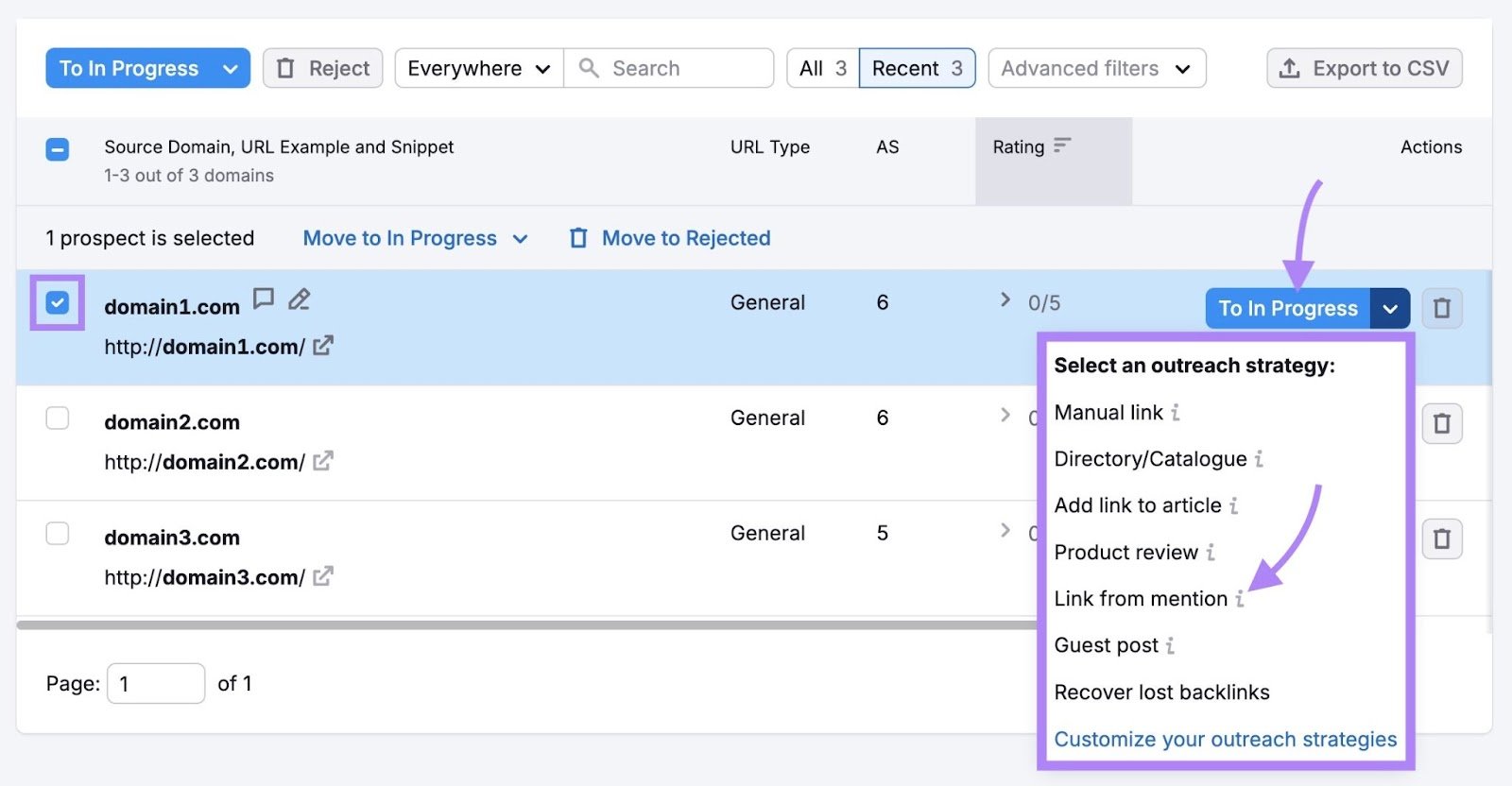 A URL selected, "To in Progress" clicked, and "Link from mention" selected from the drop-down on the Link Building tool.