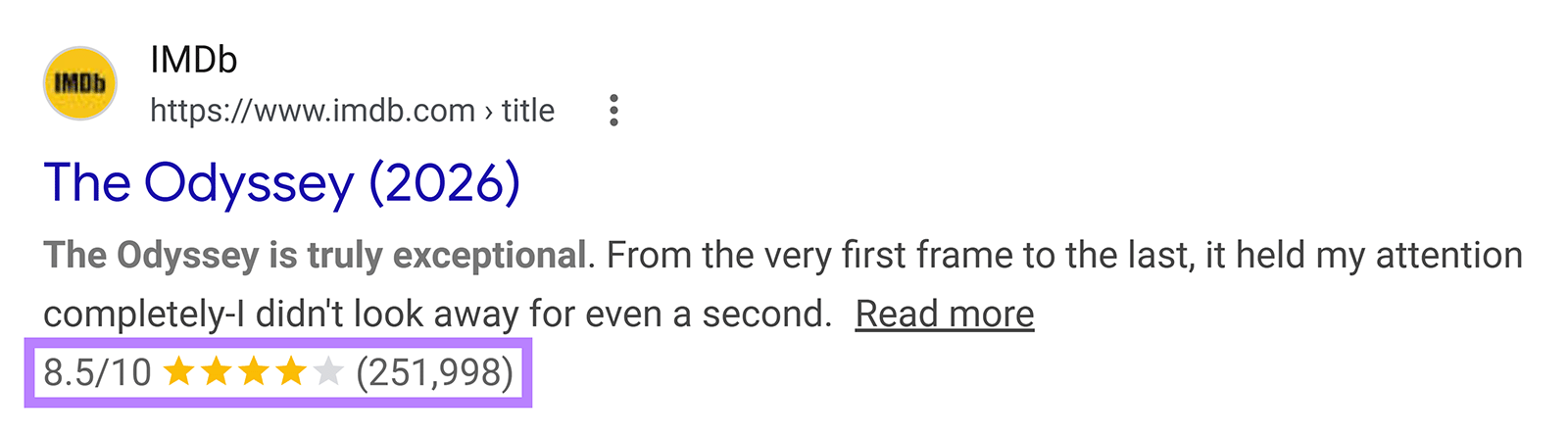 IMDb rich result for The Odyssey showing an 8.5-out-of-10 aggregate rating based on 251,998 reviews