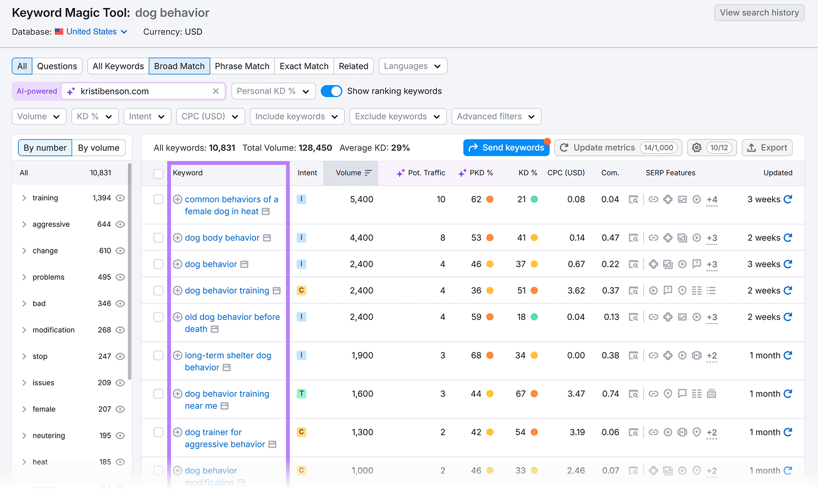 Keyword Magic Tool Broad Match results for “dog behavior” with keyword list and volume metrics.
