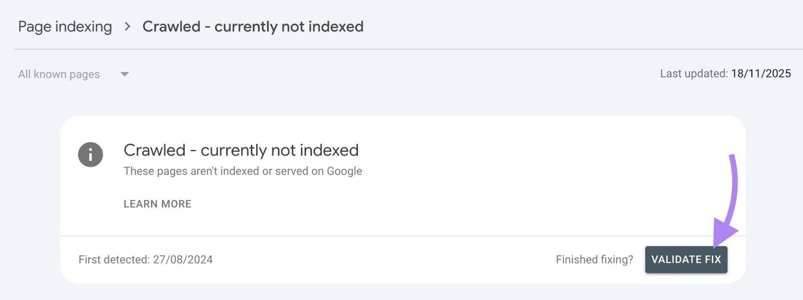 Page indexing on Google Search Console with the "Validate Fix" button clicked.