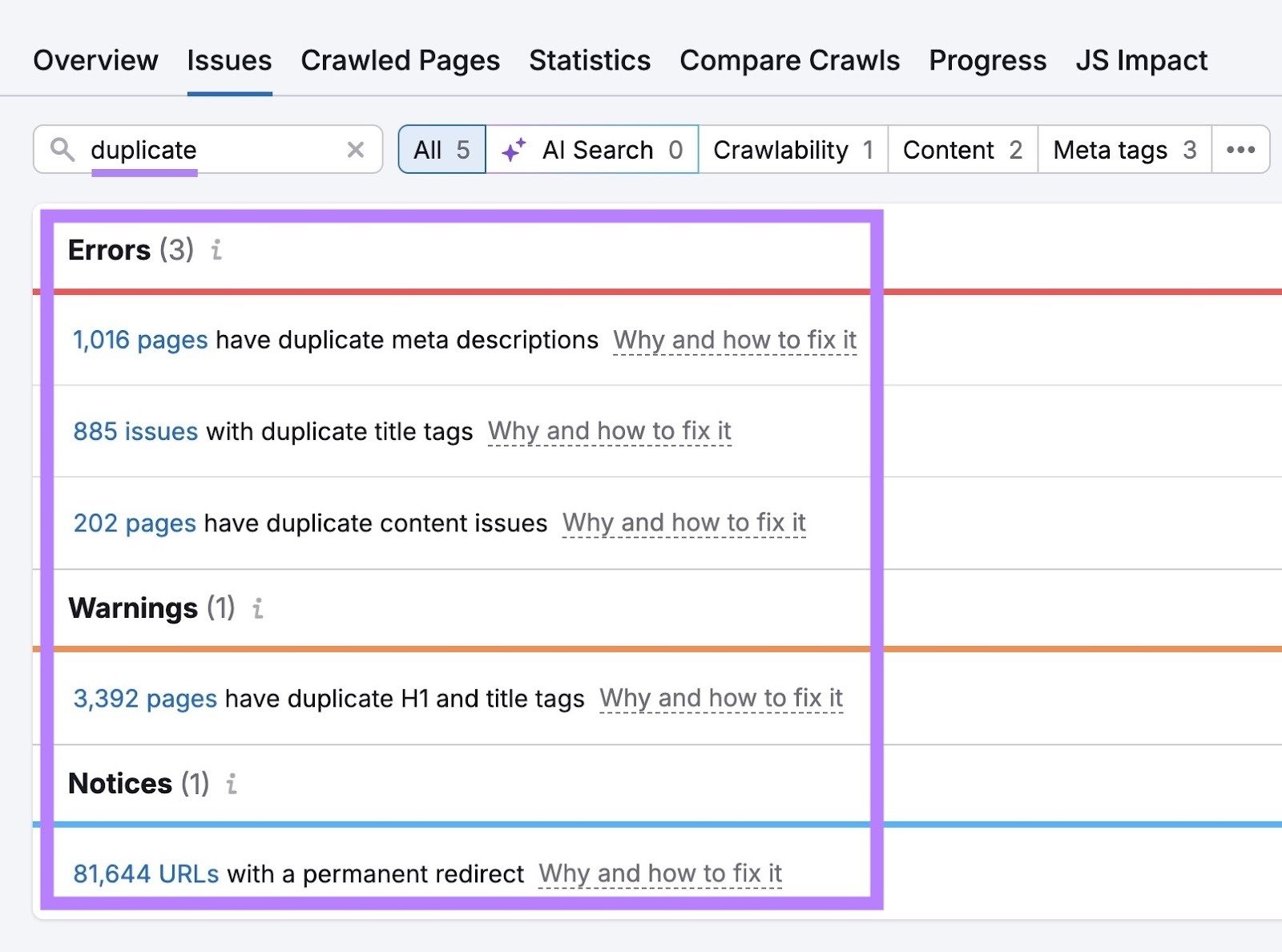 The "Issues" tab on Site Audit with "duplicate" entered showing a list of duplicate issues affecting a site.