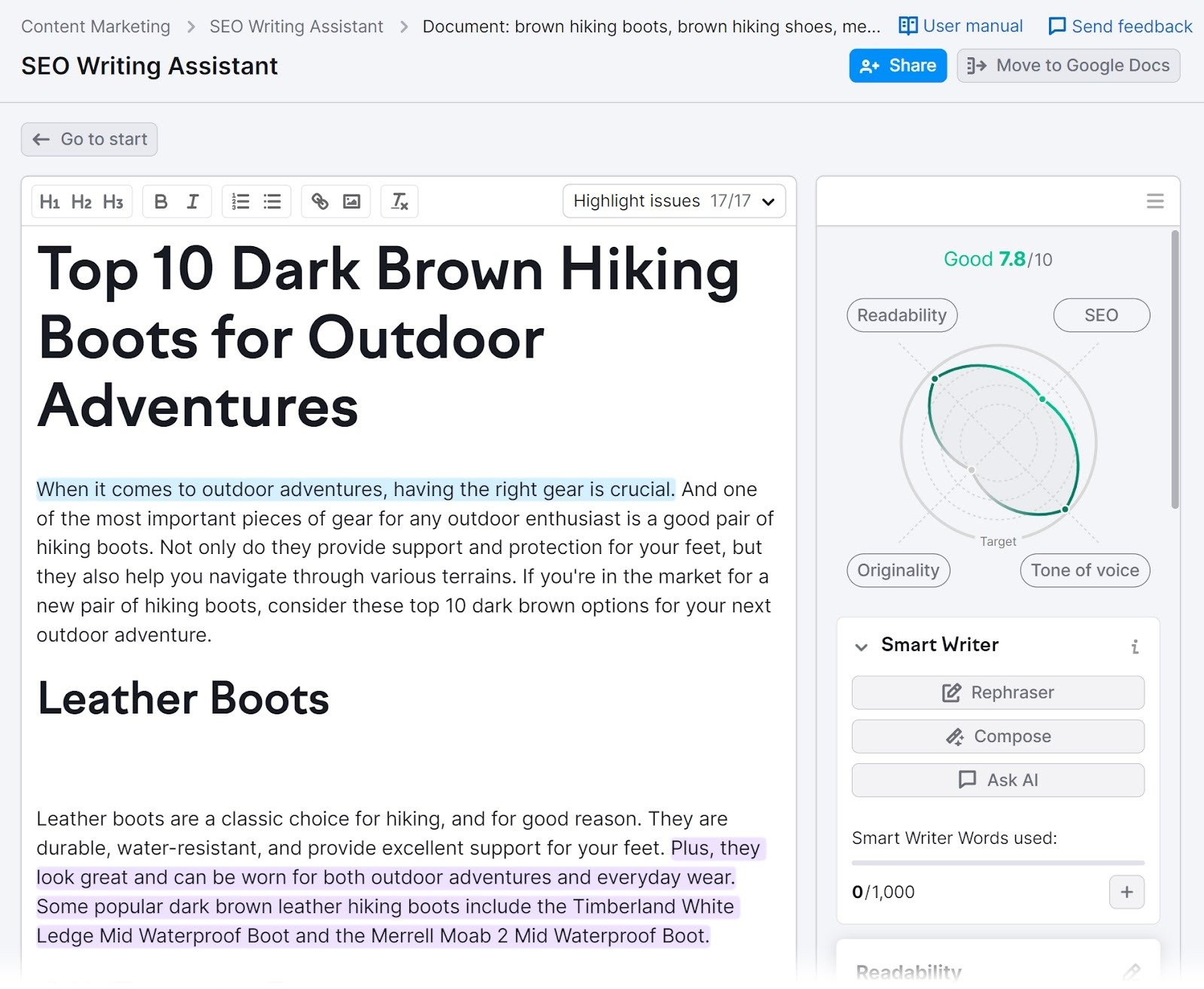 Draft in editor with highlights for flagged issues and content score in right-hand column.
