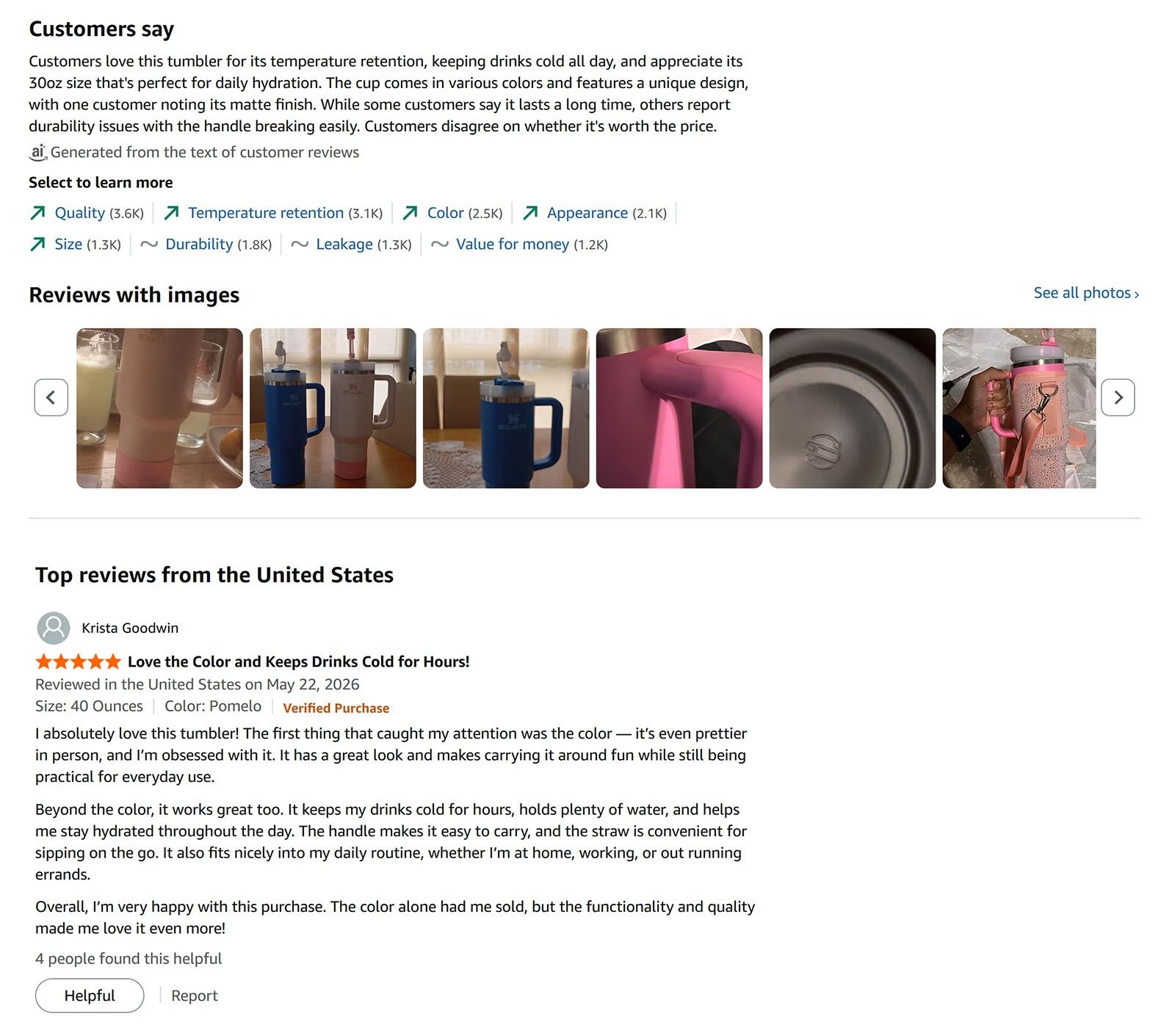 Amazon customer review section with AI-generated review summary, image reviews, and a verified purchase review