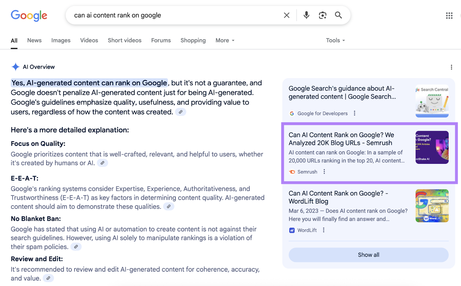 The blog post is cited in AI Overview, on the right-hand side.