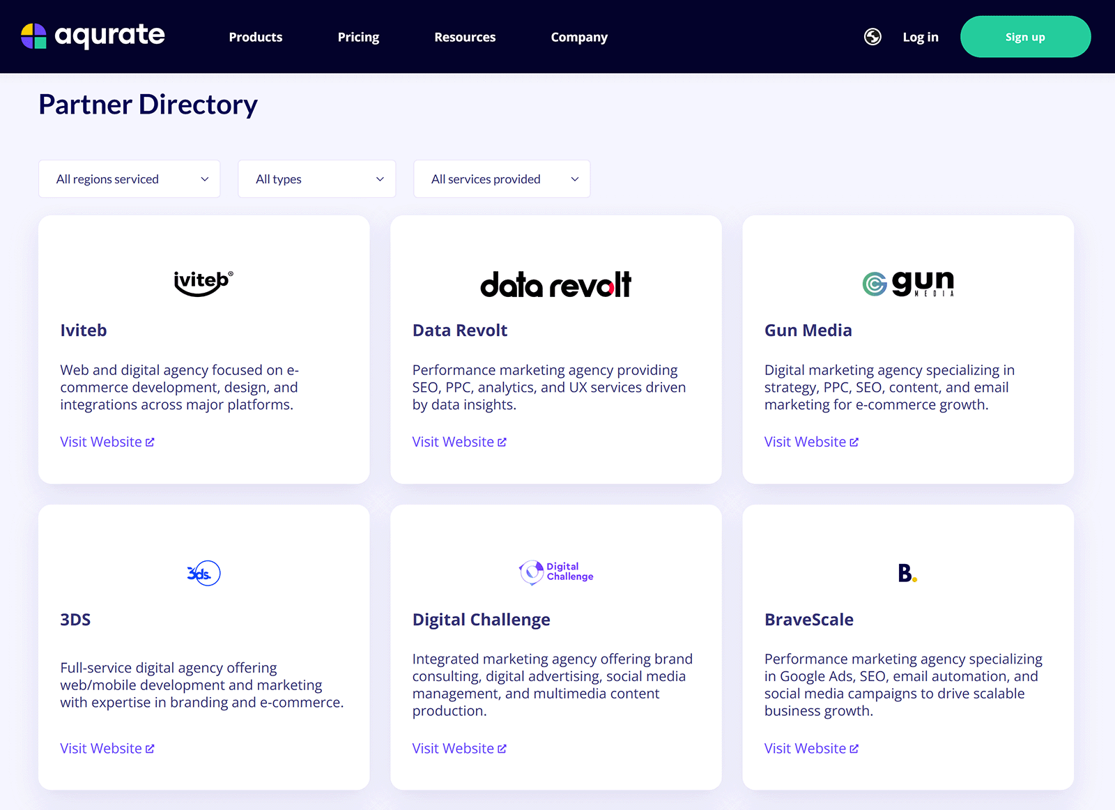 Aqurate agency partner directory listing marketing agencies with website links