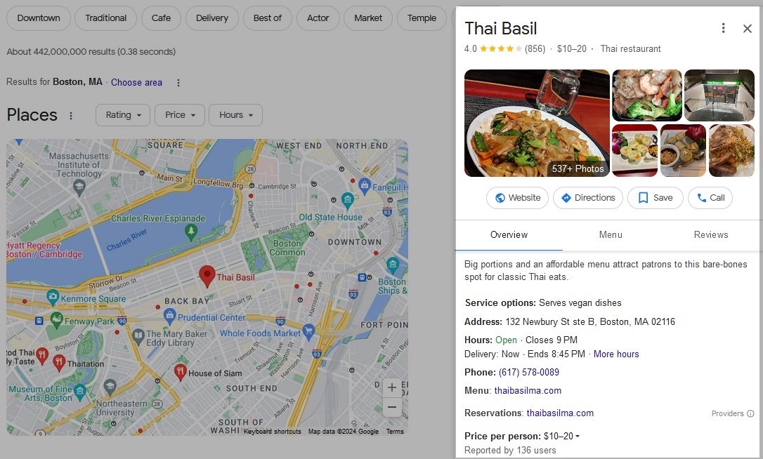 Key business information on a Google Business Profile including a description, address, phone number, operating hours, price etc.