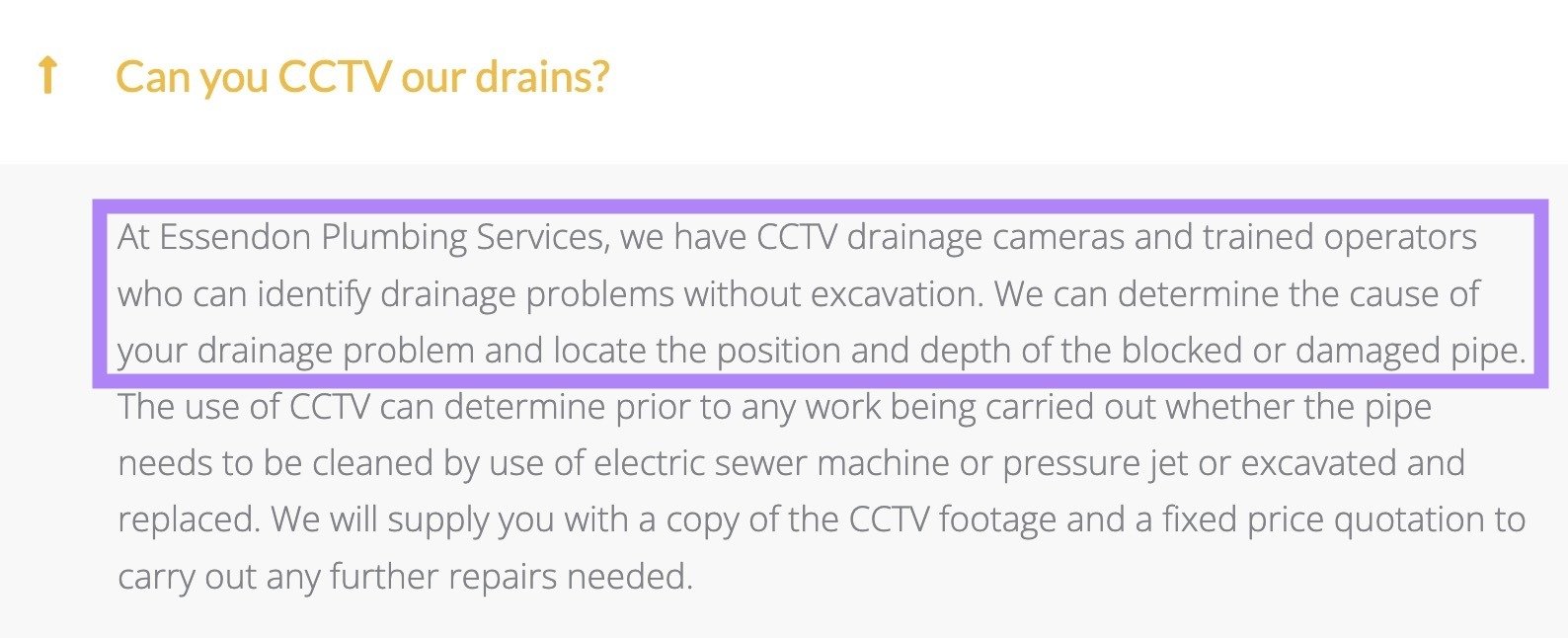 The FAQs section of a local business website with a question expanded and the answer highlighted.