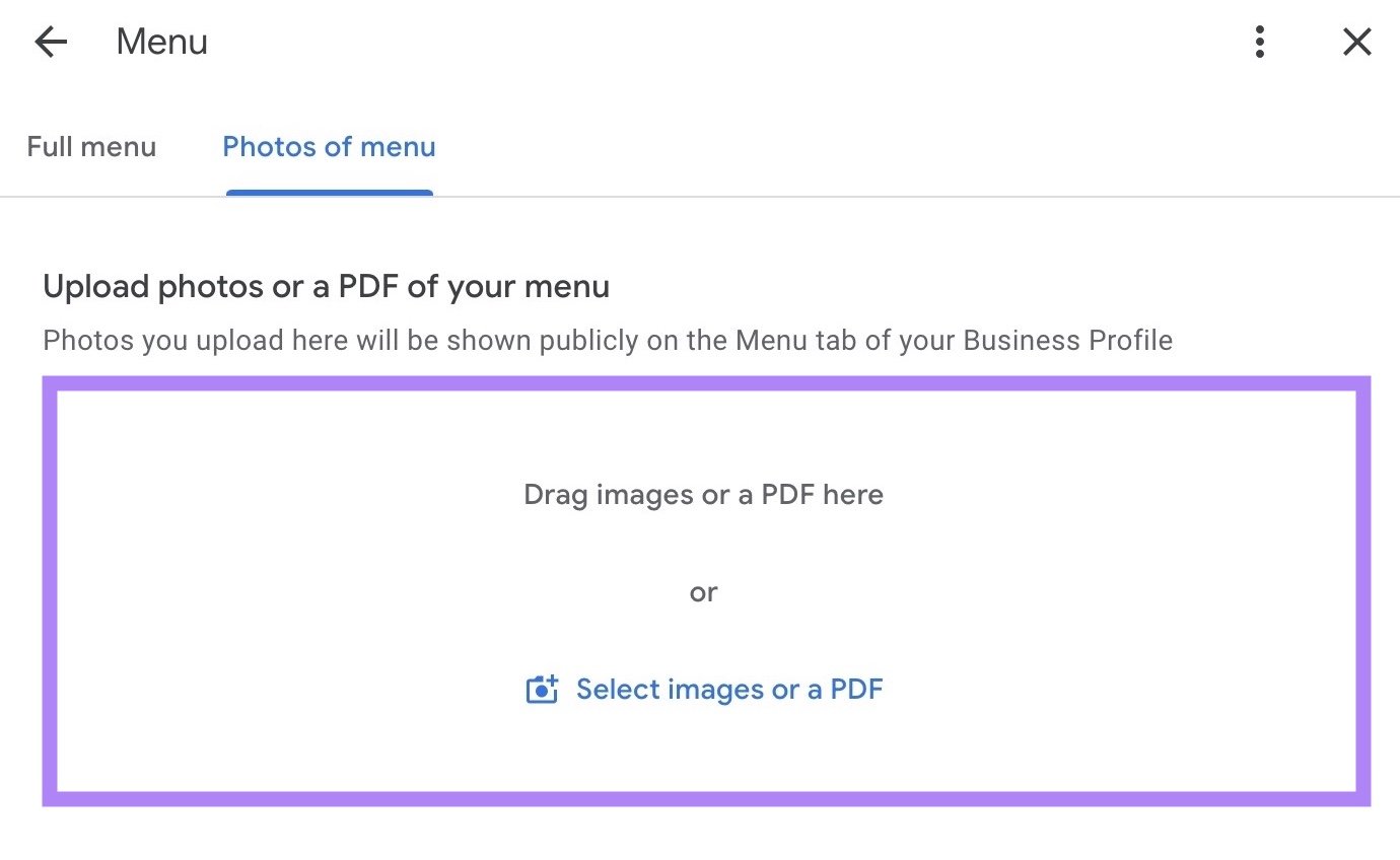 The "Photos of menu" tab on the "Menu" window of GBP where a restaurant can upload images of their menu.