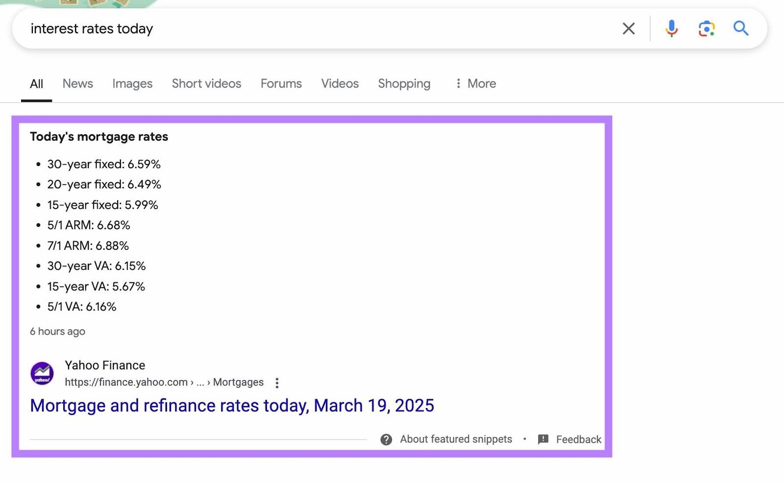 Current featured snippet for a keyword accessed directly from Semrush's Organic Rankings tool.