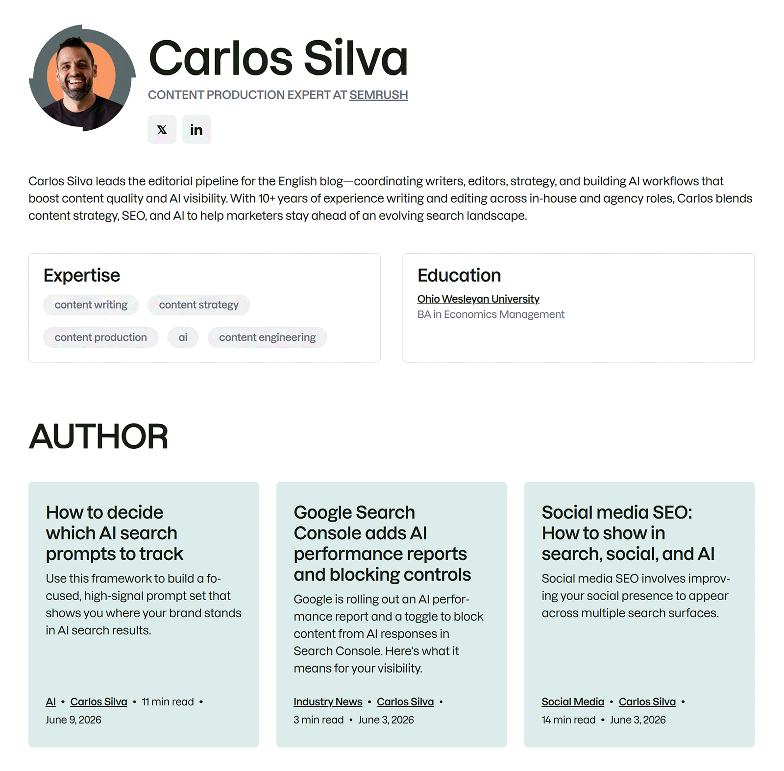 Semrush author bio page for Carlos Silva with expertise, education, and article links
