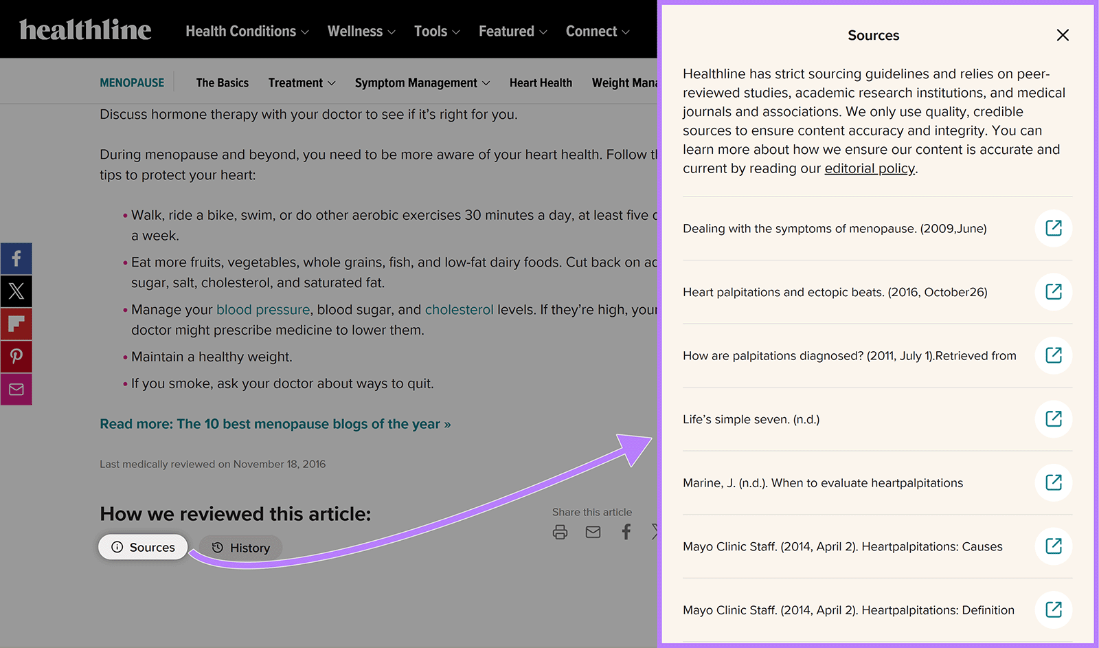 Healthline sources panel listing medical references and sourcing guidelines for an article