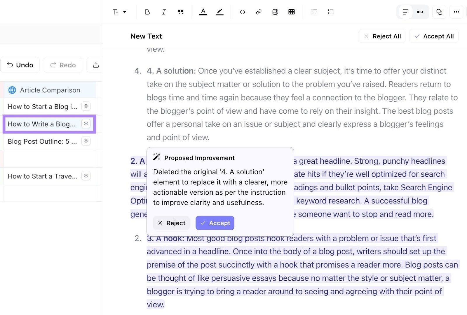 Article Comparison on AirOps showing changes made to the original content along with a brief reason for each change.