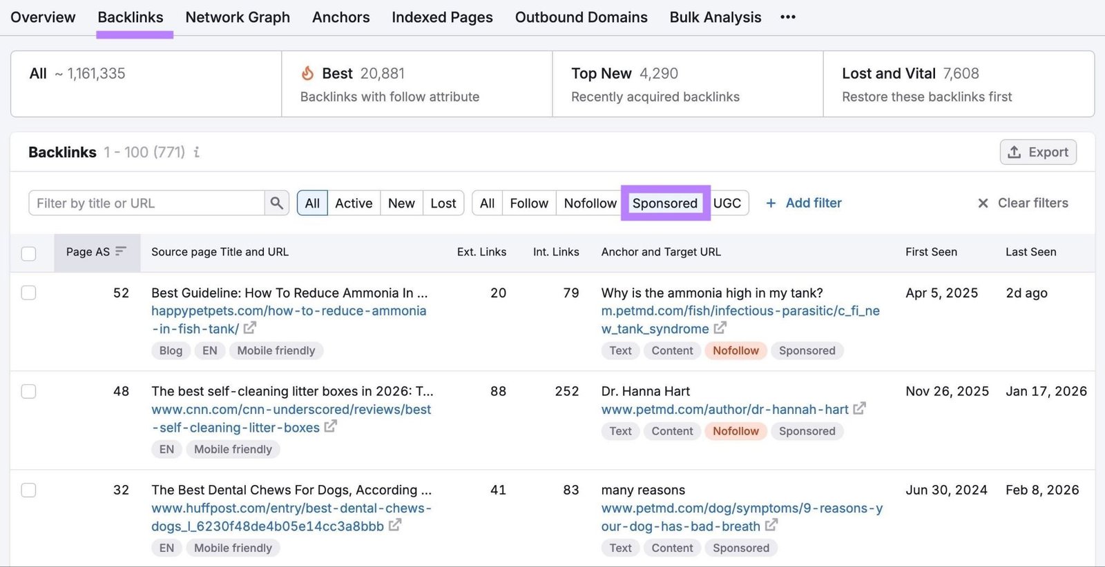 A list of sponsored backlinks on the "Backlinks" tab of the Backlink Analytics tool.