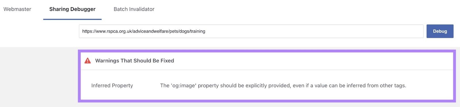 Meta's Sharing Debugger tool with the warning reading 'og:image property should be explicitly provided' highlighted.