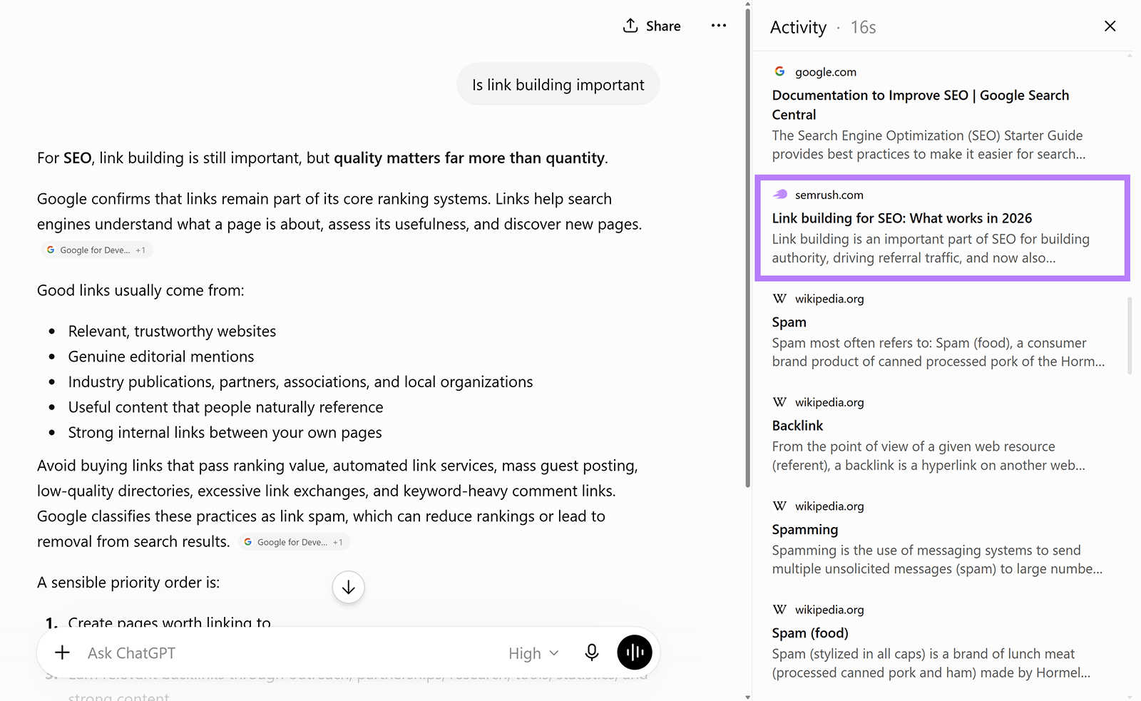 ChatGPT answer about link building with the Semrush article highlighted in the activity sources panel