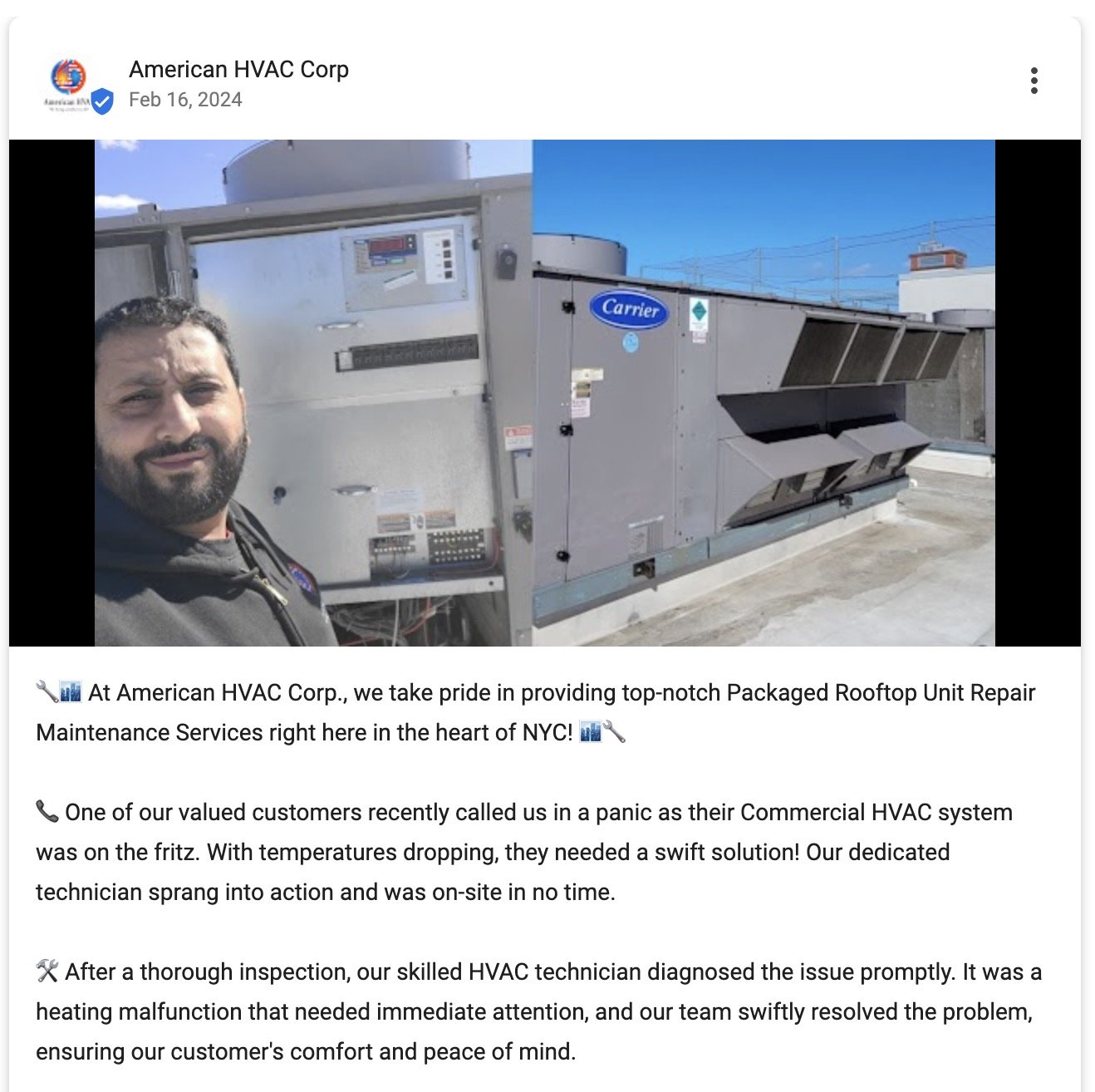 A GBP post using a photo showing a technician at work with clear context and relevant details.
