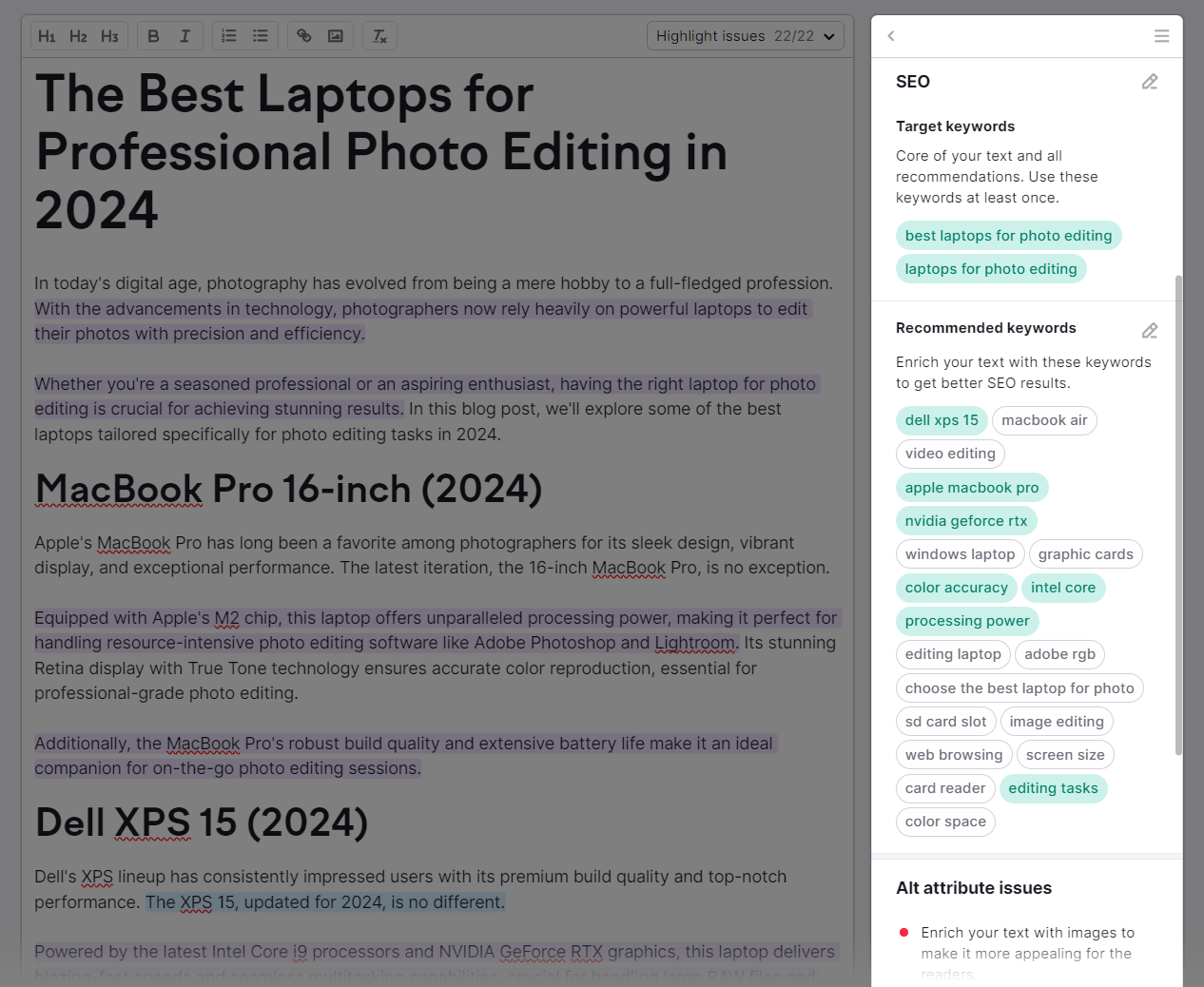 SEO recommendations section in the right-hand panel of SEO Writing Assistant