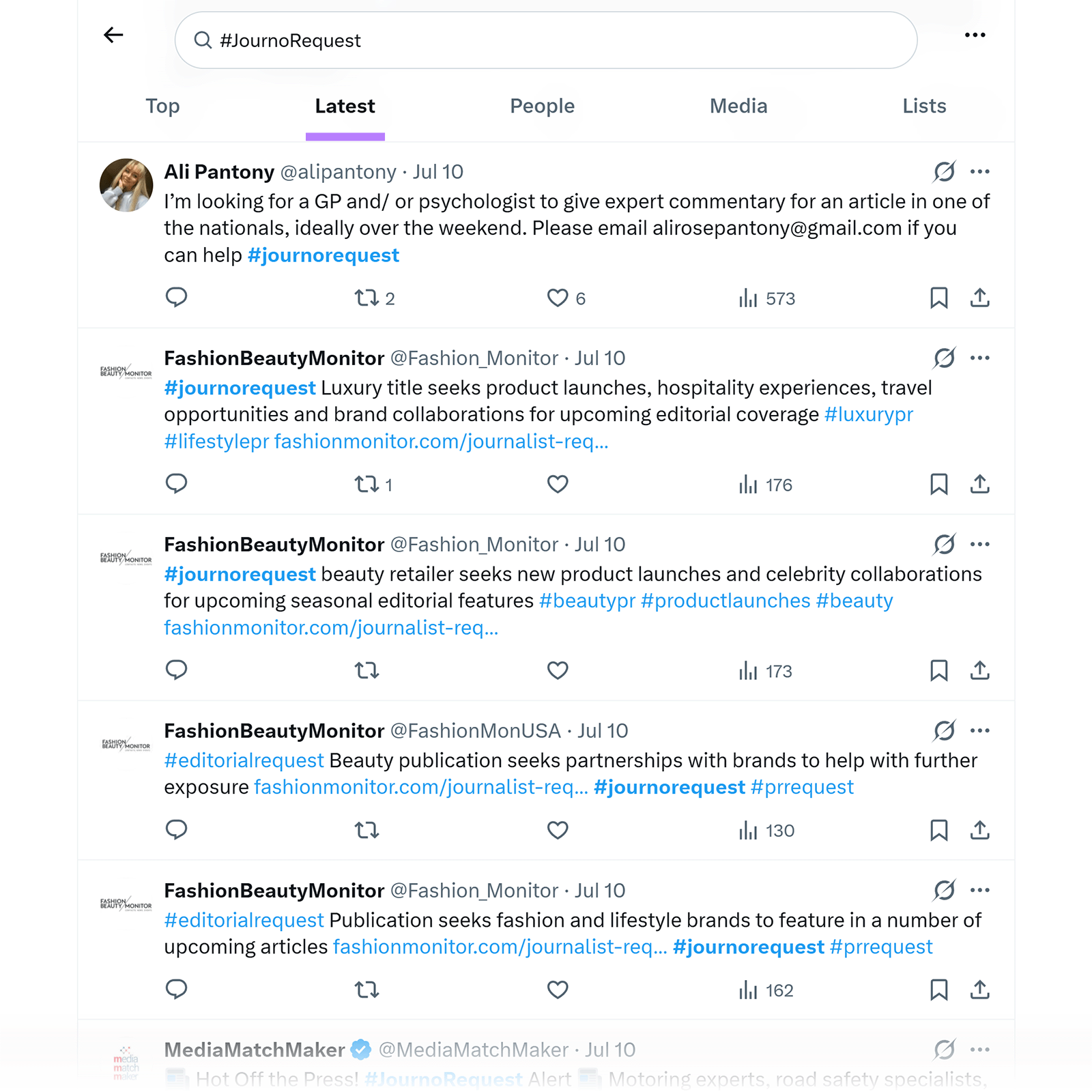X search results for the #JournoRequest hashtag showing journalist requests
