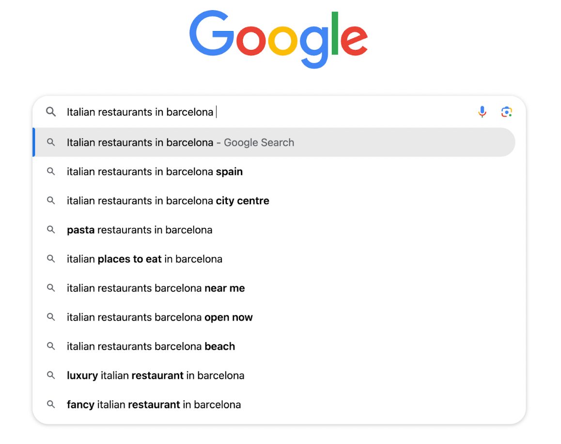 Entering “Italian restaurants in barcelona” to see what autocomplete suggestions appear.