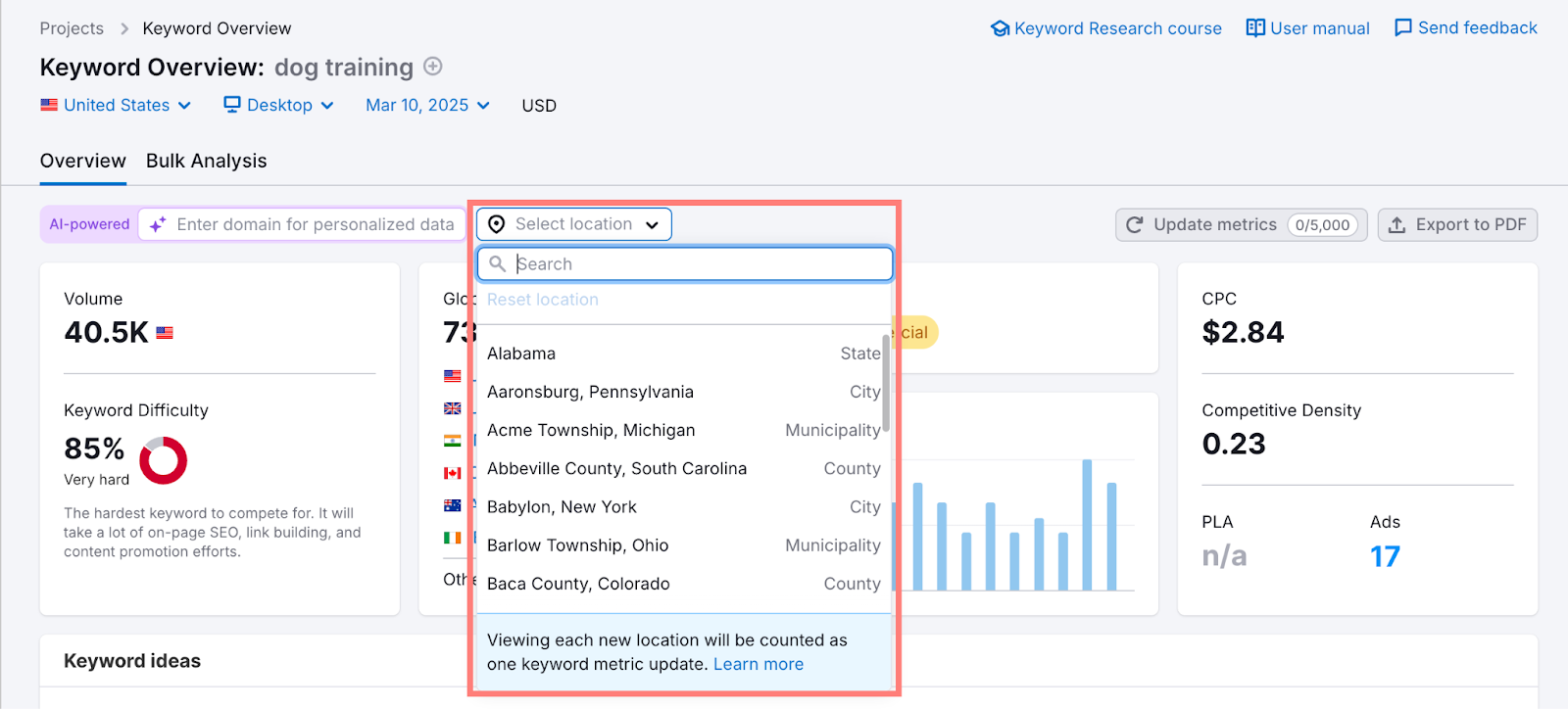 location selector in Keyword Overview