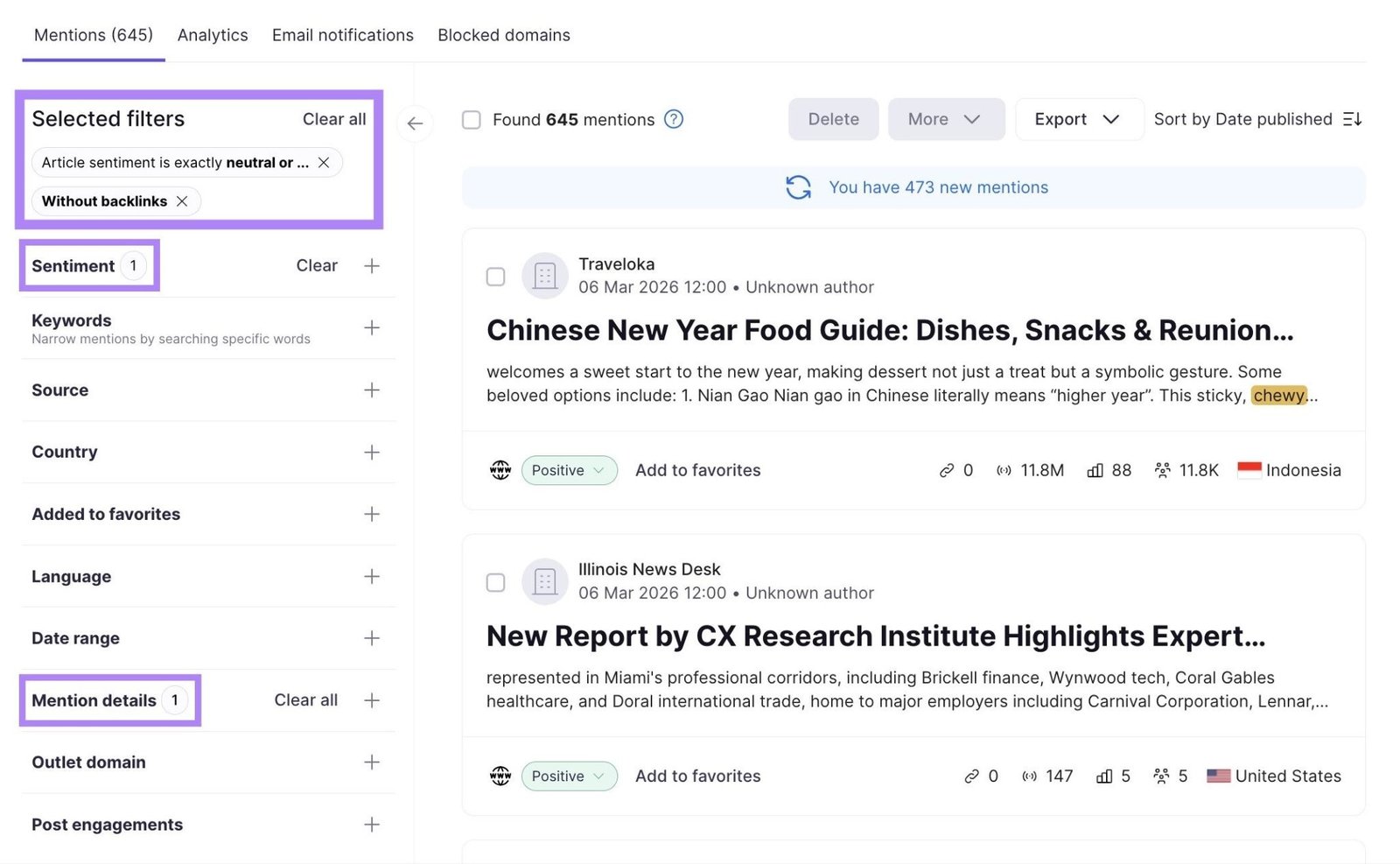 Brand Monitoring tool with sentiment and backlink filters applied.