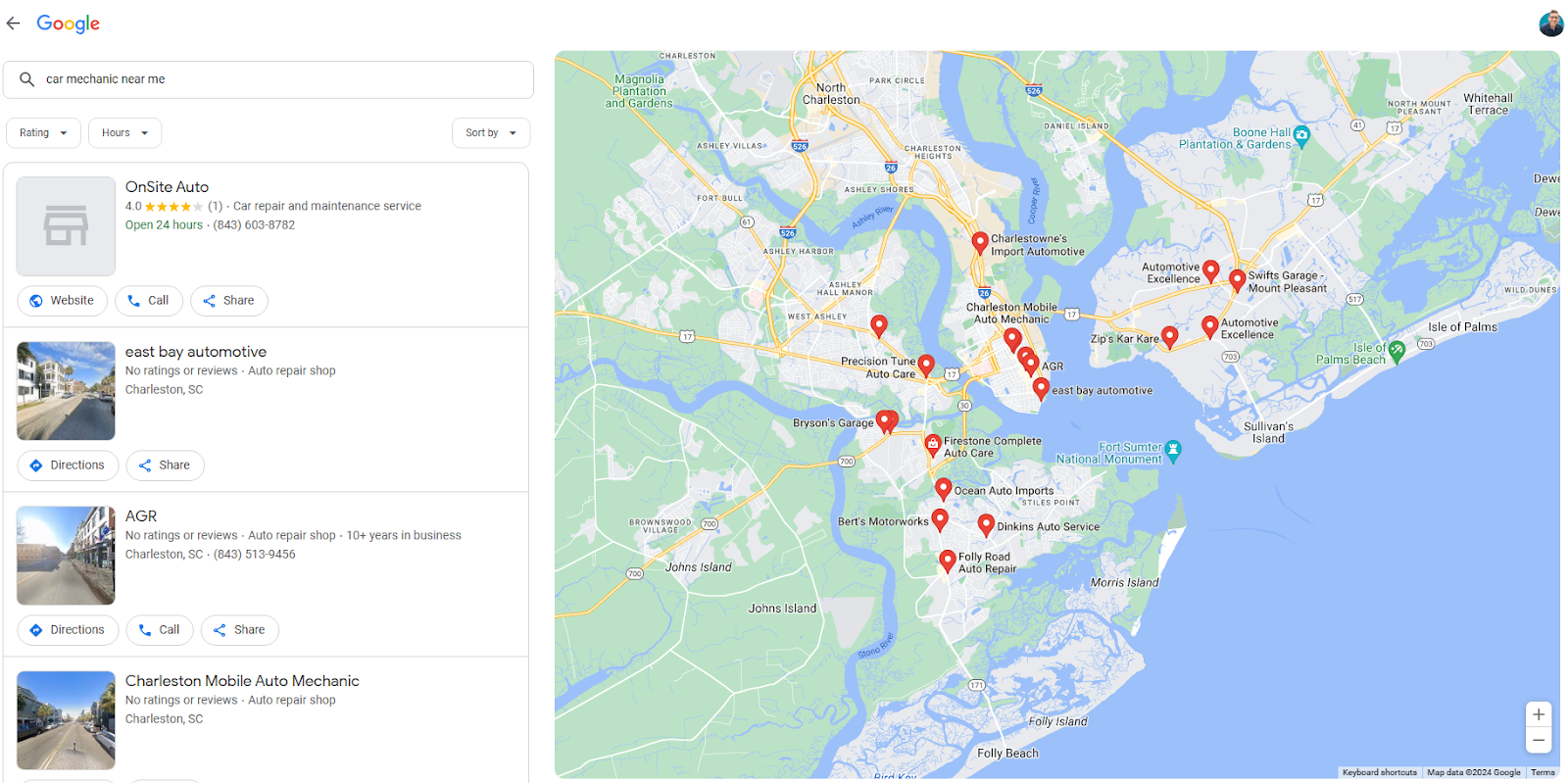 Google Local Finder results for car mechanics in Charleston.