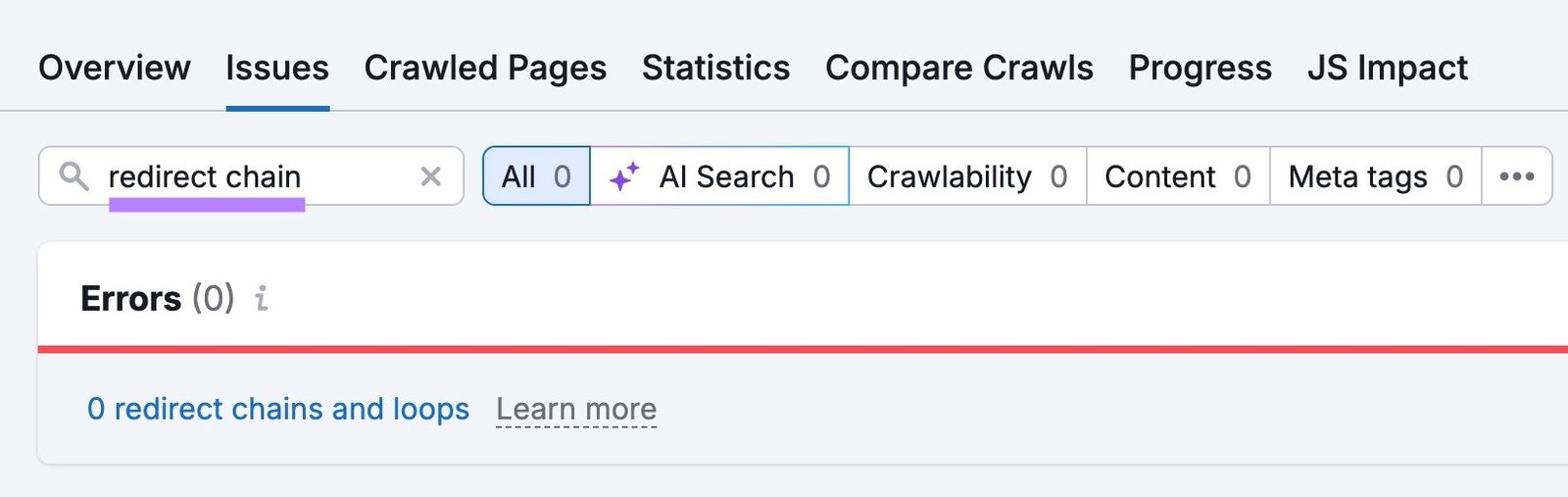 The "Issues" tab on Site Audit with "redirect chain" entered showing a list of related errors.