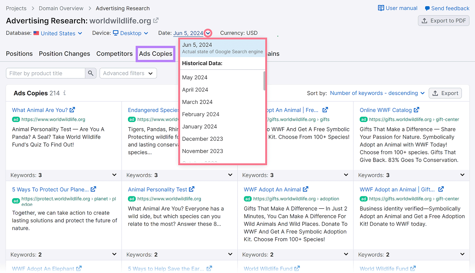 Ads Copies report with data dropdown expanded showing options in Semrush Advertising Research tool