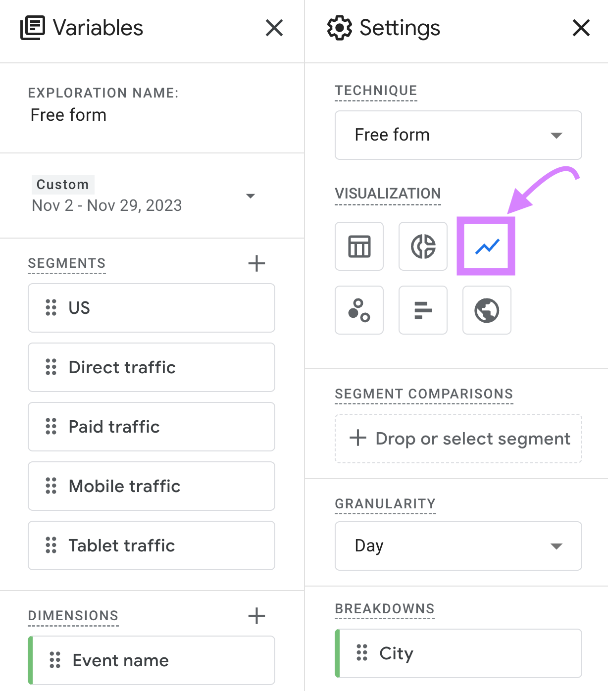“Line chart" selected under the "Settings" section