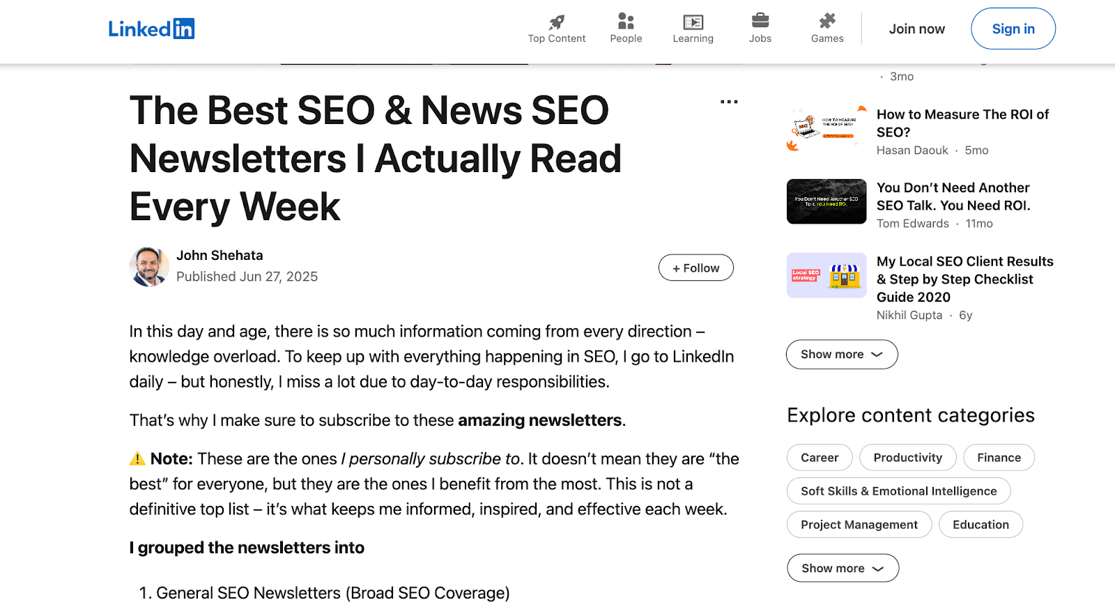 Example of a LinkedIn article cited in AI search