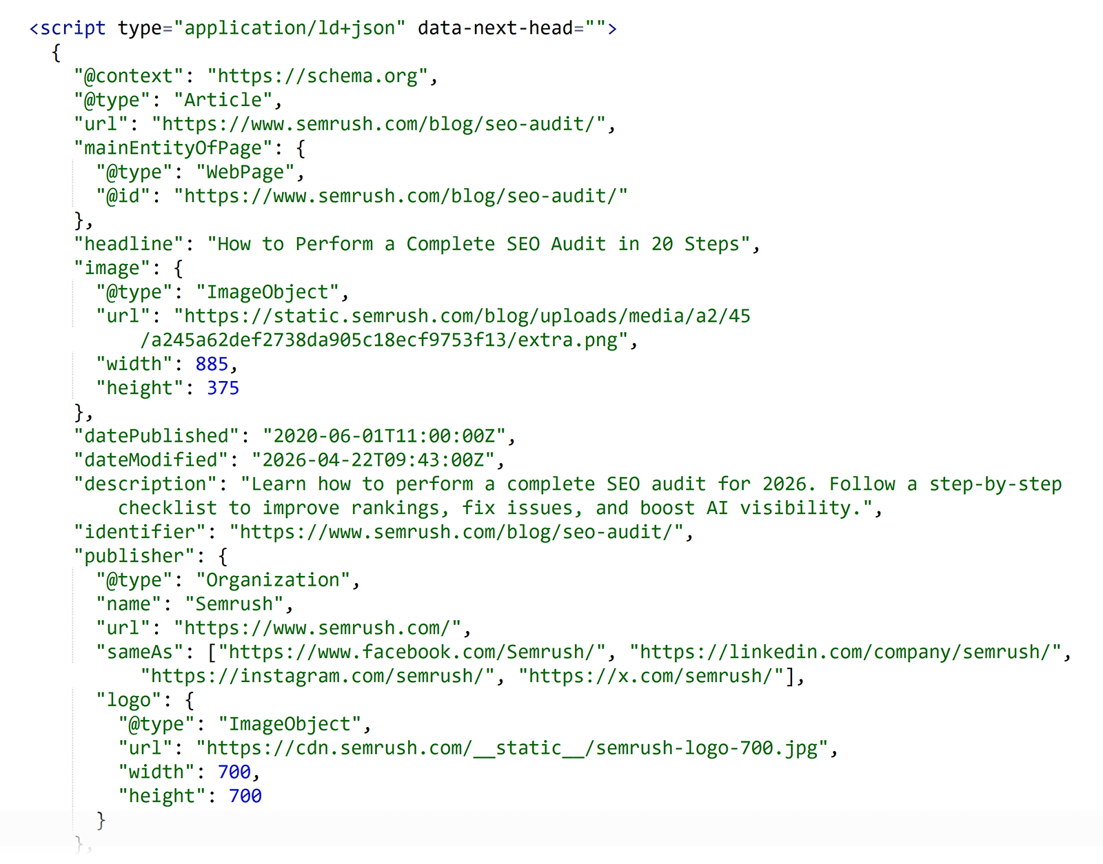 JSON-LD Article schema markup for a Semrush SEO audit page, including headline, image, dates, description, and publisher