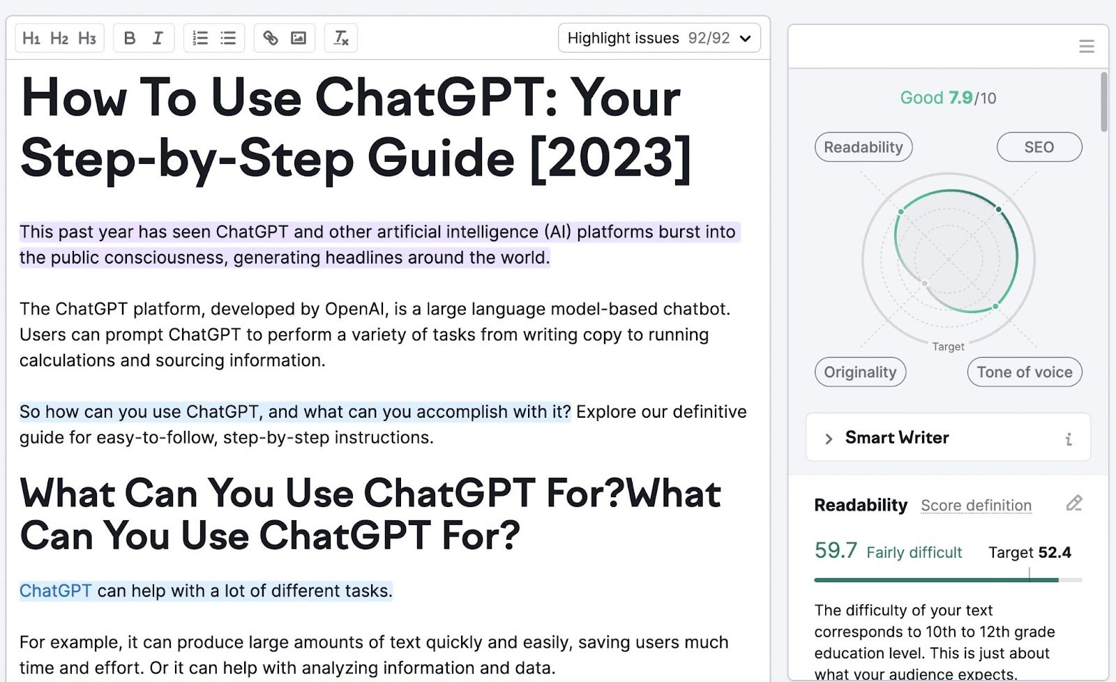 SEO Writing Assistant editor with an article on how to use ChatGPT entered
