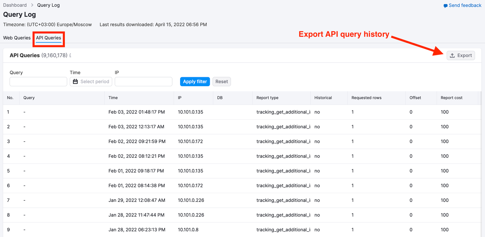 Query log report interface with the API Queries tab open