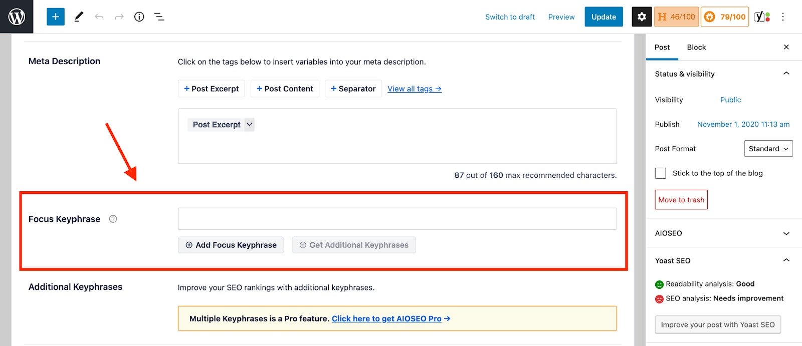 focus keyphrase section