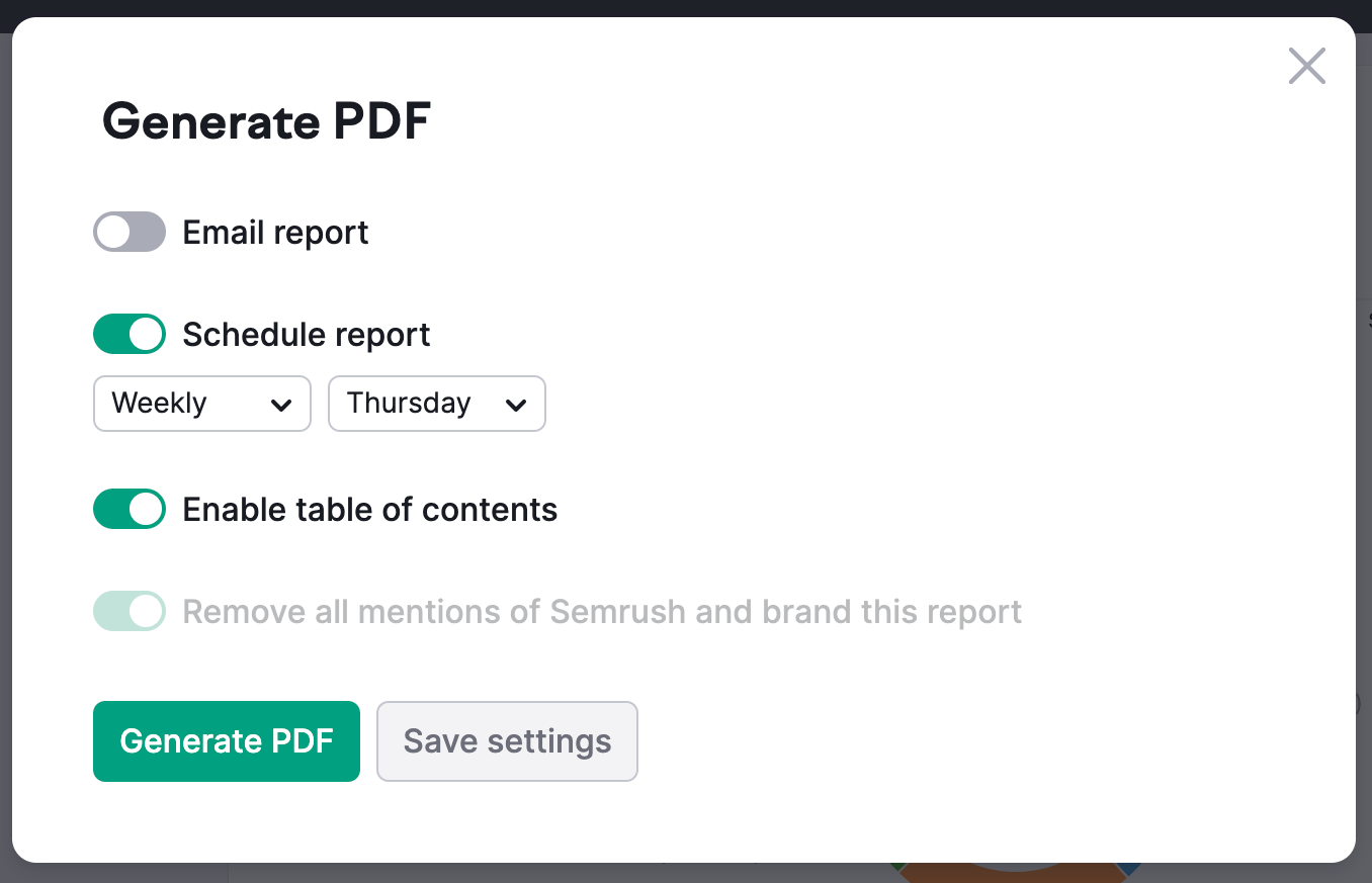 Enabling scheduling and table of contents for a PDF report